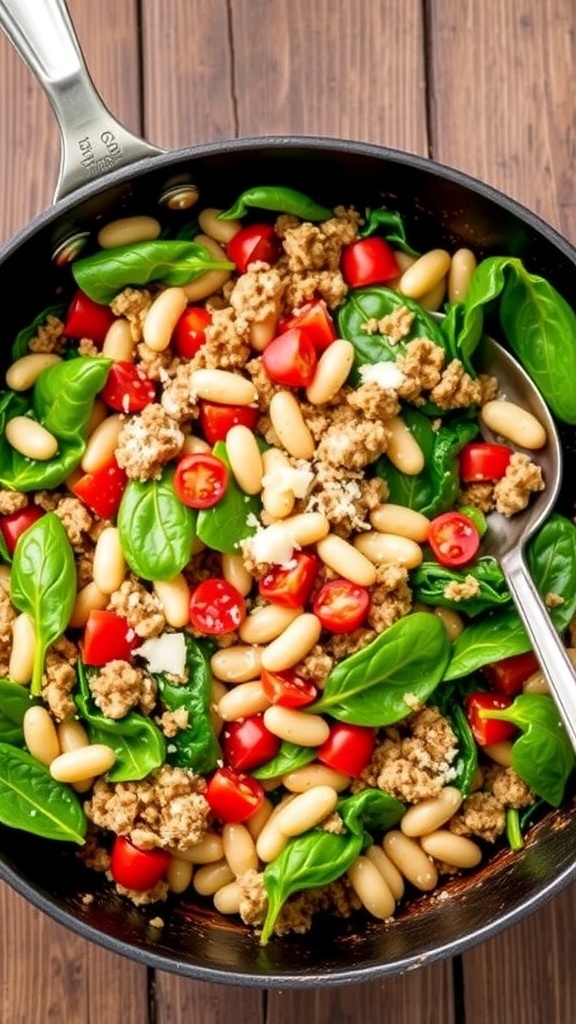 Tuscan White Bean and Ground Turkey Skillet A skillet of Tuscan white bean and ground turkey, featuring spinach and tomatoes, garnished with Parmesan cheese.